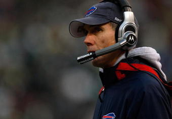 EAST RUTHERFORD, NJ - OCTOBER 18:  Head coach Dick Jauron of the Buffalo Bills watches his team during the game against the New York Jets on October 18, 2009 at Giants Stadium in East Rutherford, New Jersey.  (Photo by Jared Wickerham/Getty Images)
