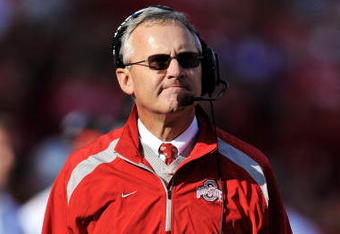 COLUMBUS, OH - OCTOBER 10:  Head coach Jim Tressel of the Ohio State Buckeyes looks up at the clock during a game against the Wisconsin Badgers at Ohio Stadium on October 10, 2009 in Columbus, Ohio.  Ohio State defeated Wisconsin 31-13.  (Photo by Jamie Sabau/Getty Images)