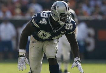 CLEVELAND - SEPTEMBER 7:  DeMarcus Ware #94 of the Dallas Cowboys lines up for a play during the game against the Cleveland Browns at Cleveland Browns Stadium on September 7, 2008 in Cleveland, Ohio.  (Photo by Kevin C. Cox/Getty Images)