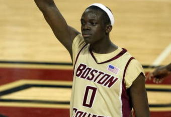 CHESTNUT HILL, MA - FEBRUARY 15:  Reggie Jackson #0 of the Boston College Eagles celebrates late in the second half after the Eagles took the lead against the Duke Blue Devils on February 15, 2009 at Conte Forum in Chestnut Hill, Massachusetts. Boston College defeated Duke 80-74.  (Photo by Elsa/Getty Images)