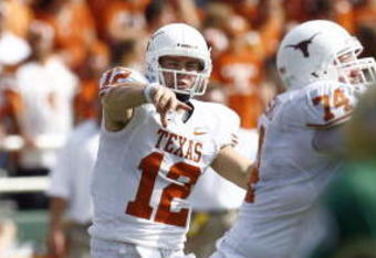 WACO, TX - NOVEMBER 14:  Quarterback Colt McCoy #12 of the Texas Longhorns throws to an open receiver during the first half against the Baylor Bears on November 14, 2009 at Floyd Casey Stadium in Waco, Texas. (Photo by Tom Pennington/Getty Images)
