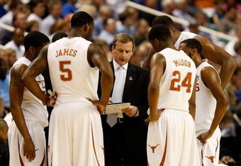 GREENSBORO, NC - MARCH 19:  Head coach Rick Barnes of the Texas Longhorns directs his team in the final minutes of their 76-62 win over the Minnesota Golden Gophers during the first round of the NCAA Division I Men's Basketball Tournament at the Greensboro Coliseum on March 19, 2009 in Greensboro, North Carolina.  (Photo by Streeter Lecka/Getty Images)