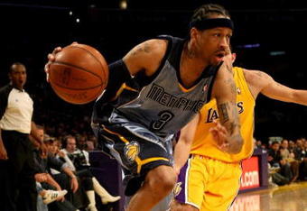 LOS ANGELES, CA - NOVEMBER 06:  Allen Iverson #3 of the Memphis Grizzlies drives against the Los Angeles Lakers on November 6, 2009 at Staples Center in Los Angeles, California. The Lakers won 114-98. NOTE TO USER: User expressly acknowledges and agrees that, by downloading and/or using this Photograph, user is consenting to the terms and conditions of the Getty Images License Agreement.  (Photo by Stephen Dunn/Getty Images)