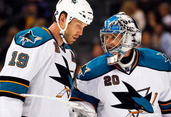 LOS ANGELES, CA - OCTOBER 06:  Evgeni Nabokov #20 goalie of the San Jose Sharks talks to defenseman Joe Thornton #19 against Los Angeles Kings during the NHL hockey game on October 6, 2009 in Los Angeles, California. Kings won, 6-4.  (Photo by Kevork Djansezian/Getty Images)