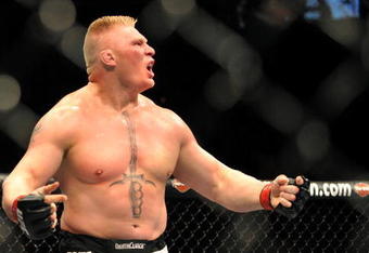 LAS VEGAS - JULY 11:  Brock Lesnar reacts after knocking out Frank Mir during their heavyweight title bout during UFC 100 on July 11, 2009 in Las Vegas, Nevada.  (Photo by Jon Kopaloff/Getty Images)