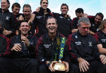 CHESTER-LE-STREET, UNITED KINGDOM - SEPTEMBER 29: Captain Dale Benkenstein with the trophy during the Presentation of the LVE Championship trophy to the 2008 winners, Durham at the County Ground on September 29, 2008 in Chester-Le-Street, England.  (Photo by Gary M. Prior/Getty Images)