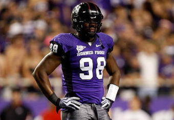 FORT WORTH, TX - NOVEMBER 14:  Defensive end Jerry Hughes #98 of the TCU Horned Frogs at Amon G. Carter Stadium on November 14, 2009 in Fort Worth, Texas.  (Photo by Ronald Martinez/Getty Images)