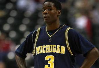 INDIANAPOLIS - MARCH 13:  Manny Harris #3 of the Michigan Wolverines looks on against the Iowa Hawkeyes during the Big Ten Men's Basketball Tournament at Conseco Fieldhouse on March 13, 2008 in Indianapolis, Indiana. Michigan won 55-47.  (Photo by Jonathan Daniel/Getty Images)