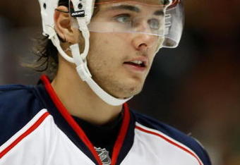 ANAHEIM, CA - OCTOBER 24:  Nikita Filatov #28 of the Columbus Blue Jackets looks on against the Anaheim Ducks at the Honda Center on October 24, 2009 in Anaheim, California.  (Photo by Jeff Gross/Getty Images)