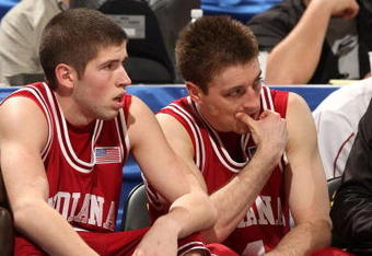 INDIANAPOLIS - MARCH 12:  (L-R) Matt Roth #2 and Brett Finkelmeier #4 of the Indiana Hoosiers look on from the bench deject in the final minutes of their 66-51 loss to the Penn State Nittany Lions during the first round of the Big Ten Men's Basketball Tournament at Conseco Fieldhouse on March 12, 2009 in Indianapolis, Indiana.  (Photo by Jonathan Daniel/Getty Images)
