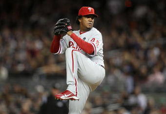 NEW YORK - NOVEMBER 04:  Starting pitcher Pedro Martinez #45 of the Philadelphia Phillies throws a pitch against the New York Yankees in Game Six of the 2009 MLB World Series at Yankee Stadium on November 4, 2009 in the Bronx borough of New York City.  (Photo by Nick Laham/Getty Images)