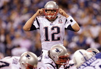 INDIANAPOLIS - NOVEMBER 15: Quarterback Tom Brady #12 of the New England Patriots calls a play in the fourth quarter of the game against the Indianapolis Colts at Lucas Oil Stadium on November 15, 2009 in Indianapolis, Indiana. The Colts won the game 35-34. (Photo by Jamie Squire/Getty Images)