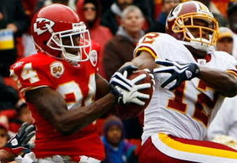 LANDOVER, MD - OCTOBER 18:  Brandon Flowers #24 of the Kansas City Chiefs breaks up a pass intended for Malcom Kelly #12 of the Washington Redskins during their game October 18, 2009 at FedEx Field in Landover, Maryland.The Chiefs won the game 14-6.  (Photo by Win McNamee/Getty Images)