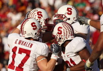 LOS ANGELES, CA - NOVEMBER 14:  Griff Whalen #17 of the Stanford Cardinalcelebrates with teamates int e game with the USC Trojans on November 14, 2009 at the Los Angeles Coliseum in Los Angeles, California.  Stanford won 55-21.  (Photo by Stephen Dunn/Getty Images)