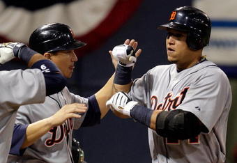 MINNEAPOLIS - OCTOBER 06:  Miguel Cabrera #24 of the Detroit Tigers is congratulated by Magglio Ordonez #30 after hitting a home run during the 3rd inning of the American League Tiebreaker game against the Minnesota Twins on October 6, 2009 at Hubert H. Humphrey Metrodome in Minneapolis, Minnesota.  (Photo by Jamie Squire/Getty Images)