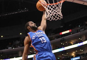 LOS ANGELES - NOVEMBER 11: James Harden #13 of the Oklahoma City Thunder goes up for a dunk against  the Los Angeles Clippers on November 11, 2009 at Staples Center in Los Angeles, California.    NOTE TO USER: User expressly acknowledges and agrees that, by downloading and/or using this Photograph, user is consenting to the terms and conditions of the Getty Images License Agreement. (Photo by Stephen Dunn/Getty Images)