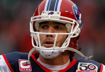 EAST RUTHERFORD, NJ - OCTOBER 18: Trent Edwards #5 of the Buffalo Bills stands on the sidelines prior to the game against the New York Jets on October 18, 2009 at Giants Stadium in East Rutherford, New Jersey. The Bills defeated the Jets 16-13 in overtime. (Photo by Jared Wickerham/Getty Images)