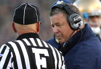 SOUTH BEND, IN - OCTOBER 17: Head coach Charlie Weis of the Notre Dame Fighting Irish talks with a referee during a game against the USC Trojans at Notre Dame Stadium on October 17, 2009 in South Bend, Indiana. USC defeated Notre Dame 34-27. (Photo by Jonathan Daniel/Getty Images)