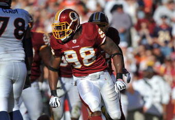 LANDOVER, MD - NOVEMBER 15:  Brian Orakpo #98 of the Washington Redskins defends against the Denver Broncos at FedExField on November 15, 2009 in Landover, Maryland. The Redskins won 27-17. (Photo by Larry French/Getty Images)