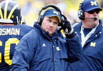 ANN ARBOR, MI - OCTOBER 24:  Head coach Rich Rodriguez of the Michigan Wolverines looks on during the game against the Penn State Nittany Lions on October 24, 2009 at Michigan Stadium in Ann Arbor, Michigan. (Photo by  Gregory Shamus/Getty Images)