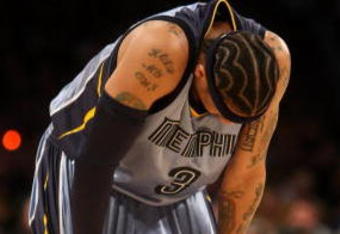 LOS ANGELES, CA - NOVEMBER 06:  Allen Iverson #3 of the Memphis Grizzlies on the court against the Los Angeles Lakers on November 6, 2009 at Staples Center in Los Angeles, California. The Lakers won 114-98. NOTE TO USER: User expressly acknowledges and agrees that, by downloading and/or using this Photograph, user is consenting to the terms and conditions of the Getty Images License Agreement.  (Photo by Stephen Dunn/Getty Images)
