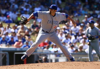 LOS ANGELES, CA - AUGUST 23:  John Grabow #43 of the Chicago Cubs pitches against the Los Angeles Dodgers at Dodger Stadium on August 23, 2009 in Los Angeles, California. The Cubs defeated the Dodgers 3-1.  (Photo by Jeff Gross/Getty Images)