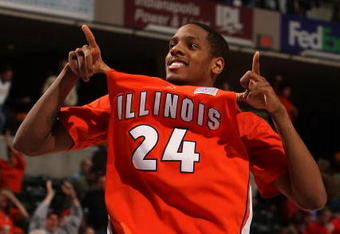 INDIANAPOLIS - MARCH 15:  Mike Davis #24 of the Illinois Fighting Illini celebrates Illinois' 54-50 win against the Minnesota Golden Gophers during their semifinal game on Day 3 of the Big Ten Men's Basketball Tournament at Conseco Fieldhouse on March 15, 2008 in Indianapolis, Indiana.  (Photo by Jonathan Daniel/Getty Images)