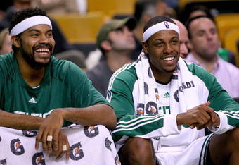 BOSTON, MA - OCTOBER 28:  Paul Pierce #34 and Rasheed Wallace #30 of the Boston Celtics react on the bench during a game against the Charlotte Bobcats at the TD Banknorth Garden on October 28, 2009 in Boston, Massachusetts. NOTE TO USER: User expressly acknowledges and agrees that, by downloading and/or using this Photograph, user is consenting to the terms and conditions of the Getty Images License Agreement. (Photo by Jim Rogash/Getty Images)