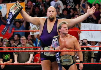 LAS VEGAS - AUGUST 24:  Wrestlers and tag team partners Chris Jericho (L) and Big Show appear in the ring during the WWE Monday Night Raw show at the Thomas & Mack Center August 24, 2009 in Las Vegas, Nevada.  (Photo by Ethan Miller/Getty Images)