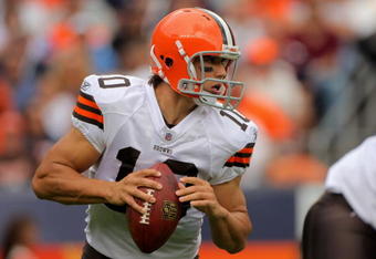 DENVER - SEPTEMBER 20:  Quarterback Brady Quinn #10 of the Cleveland Browns drops back to pass against the Denver Broncos during NFL action at Invesco Field at Mile High on September 20, 2009 in Denver, Colorado. The Broncos defeated the Browns 27-6.  (Photo by Doug Pensinger/Getty Images)