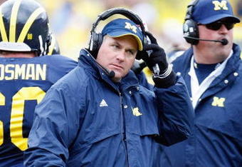 ANN ARBOR, MI - OCTOBER 24:  Head coach Rich Rodriguez of the Michigan Wolverines looks on during the game against the Penn State Nittany Lions on October 24, 2009 at Michigan Stadium in Ann Arbor, Michigan. (Photo by  Gregory Shamus/Getty Images)