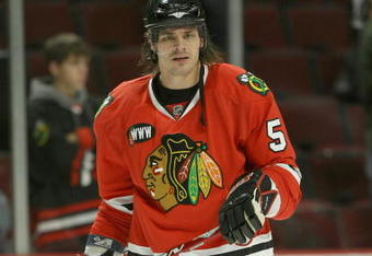 CHICAGO - OCTOBER 19:  Brent Sopel #5 of the Chicago Blackhawks looks on during the NHL game against the Colorado Avalanches at the United Center on October 19, 2007 in Chicago, Illinois. (Photo by Jonathan Daniel/Getty Images)