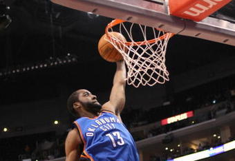 LOS ANGELES - NOVEMBER 11: James Harden #13 of the Oklahoma City Thunder goes up for a dunk against  the Los Angeles Clippers on November 11, 2009 at Staples Center in Los Angeles, California.    NOTE TO USER: User expressly acknowledges and agrees that, by downloading and/or using this Photograph, user is consenting to the terms and conditions of the Getty Images License Agreement. (Photo by Stephen Dunn/Getty Images)