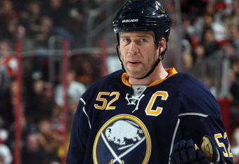 PHILADELPHIA - NOVEMBER 14:  Craig Rivet #52 of the Buffalo Sabres looks on against the Philadelphia Flyers on November 14, 2009 at Wachovia Center in Philadelphia, Pennsylvania.  (Photo by Jim McIsaac/Getty Images)