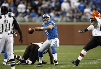 DETROIT, MI - NOVEMBER 22: Matthew Stafford #9 of the Detroit Lions passes the football against the Cleveland Browns at Ford Field on November 22, 2009 in Detroit, Michigan. Pass interference was called on the pass as time expired, giving the Lions one last play. The Lions came from behind to defeat the Browns 38-37. (Photo by Joe Robbins/Getty Images)