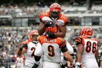 OAKLAND, CA - NOVEMBER 22:  Anthony Collins #73 jumps on Carson Palmer #9 of the Cincinnati Bengals after Palmer rushed in for a touchdown against the Oakland Raiders at Oakland-Alameda County Coliseum on November 22, 2009 in Oakland, California.  (Photo by Ezra Shaw/Getty Images)