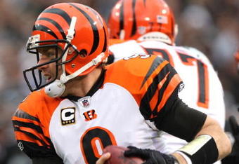 OAKLAND, CA - NOVEMBER 22:  Carson Palmer #9 of the Cincinnati Bengals runs with the ball against the Oakland Raiders during an NFL game at Oakland-Alameda County Coliseum on November 22, 2009 in Oakland, California. (Photo by Jed Jacobsohn/Getty Images)