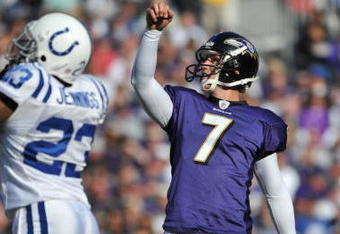 BALTIMORE - NOVEMBER 22:  Billy Cundiff #7 of the Baltimore Ravens celebrates one of his five field goals against the Indianapolis Colts at M&T Bank Stadium on November 22, 2009 in Baltimore, Maryland. The Colts defeated the Ravens 17-15. (Photo by Larry French/Getty Images)