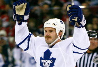 RALEIGH, NC - JANUARY 15:  Ian White #7 of the Toronto Maple Leafs reacts after scoring a goal against the Carolina Hurricanes on January 15, 2009 at RBC Center in Raleigh, North Carolina.  (Photo by Kevin C. Cox/Getty Images)