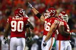 KANSAS CITY, MO - AUGUST 29: Andy Studebaker #96 of the Kansas City Chiefs celebrates after he sacked quarterback Seneca Wallace #15 of the Seattle Seahawks during their preseason game at Arrowhead Stadium on August 29, 2009 in Kansas City, Missouri. (Photo by Dilip Vishwanat/Getty Images)