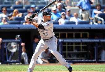 NEW YORK - JULY 06:  Jose Bautista #23 of the Toronto Blue Jays bats against the New York Yankees on July 6, 2009 at Yankee Stadium in the Bronx borough of New York City.  (Photo by Jim McIsaac/Getty Images)