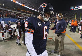 CHICAGO - NOVEMBER 22: Jay Cutler #6 of the Chicago Bears prepares to enter the field for the last offensive series for the Bears against the Philadelphia Eagles at Soldier Field on November 22, 2009 in Chicago, Illinois. The Eagles defeated the Bears 24-20. (Photo by Jonathan Daniel/Getty Images)