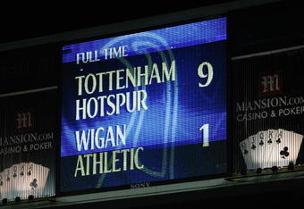 LONDON, ENGLAND - NOVEMBER 22:  The scoreboard shows the 9-1 scoreline after the Barclays Premier League match between Tottenham Hotspur and Wigan Athletic at White Hart Lane on November 22, 2009 in London, England.  (Photo by Clive Rose/Getty Images)