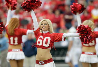 KANSAS CITY, MO - OCTOBER 25: Cheerleaders of the Kansas City Chiefs perform during the game against the San Diego Chargers on October 25, 2009 at Arrowhead Stadium in Kansas City, Missouri. (Photo by Jamie Squire/Getty Images)