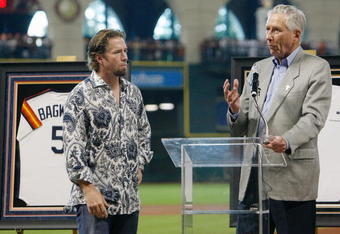HOUSTON - AUGUST 26:  Former first baseman Jeff Bagwell of the Houston Astros is congratulated by Houston Astros owner Drayton McLane, Jr. during a ceremony to retire his #5 jersey prior to the start of the MLB game against the Pittsburgh Pirates on August 26, 2007 at Minute Maid Park in Houston, Texas.  (Photo by Bob Levey/Getty Images)