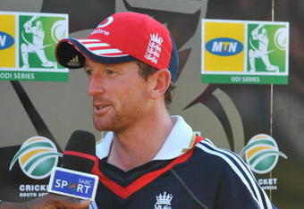CENTURION, SOUTH AFRICA - NOVEMBER 22:  Man of the Match Paul Collingwood of England is interviewed after the 2nd One Day International between South Africa and England at Supersport Park on November 22, 2009 in Centurion, South Africa.  (Photo by Duif du Toit/Gallo Images/Getty Images)