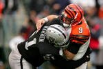 OAKLAND, CA - NOVEMBER 22:  Carson Palmer #9 of the Cincinnati Bengals is hit by Gerard Warren #61 of the Oakland Raiders at Oakland-Alameda County Coliseum on November 22, 2009 in Oakland, California.  (Photo by Ezra Shaw/Getty Images)