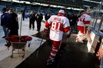 CHICAGO - DECEMBER 31:  (L-R) Marian Hossa #81 and Ty Conklin #29 of the Detroit Red Wings walk out on to the ice for a team practice a day before playing against the Chicago Blackhawks in the NHL Winter Classic at Wrigley Field on December 31, 2008 in Chicago, Illinois.  (Photo by Jonathan Daniel/Getty Images)