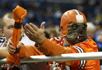 DETROIT, MI - NOVEMBER 22: A Cleveland Browns fan looks on against the Detroit Lions at Ford Field on November 22, 2009 in Detroit, Michigan. The Lions came from behind to defeat the Browns 38-37. (Photo by Joe Robbins/Getty Images)