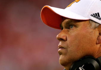 ATHENS, GA - OCTOBER 9:  Phillip Fulmer, coach of the Tennessee Volunteers watches from the sideline en route to a 19-14 upset of the Georgia Bulldogs at Sanford Stadium on October 9, 2004 in Athens, Georgia.  (Photo by Scott Halleran/Getty Images)
